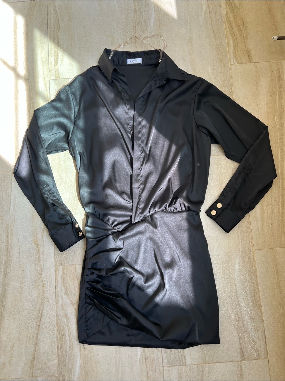 LilyLul Black Long-Sleeve Ruched Satin Shirt Dress